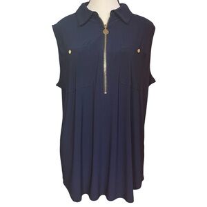 Anne‎ Klein Navy Blue Sleeveless Polo Half-Zip Gold Tone Hardware Blouse